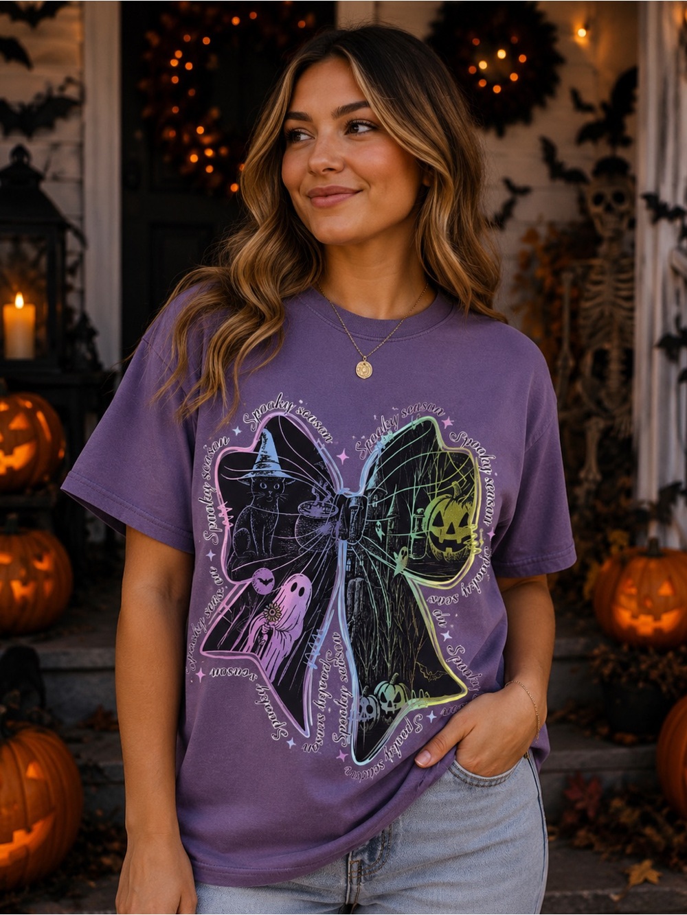 Purple Halloween Graphic Tee with Bow and Spooky Motifs